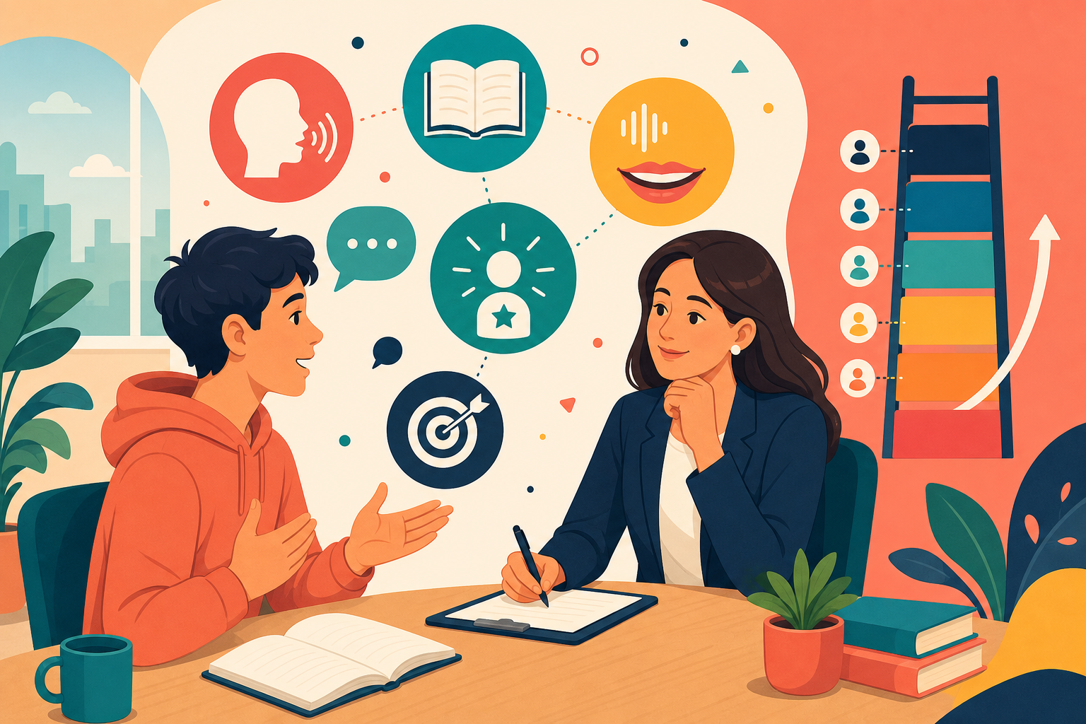 Teacher assessing a student's English skills with speaking, reading and progress icons