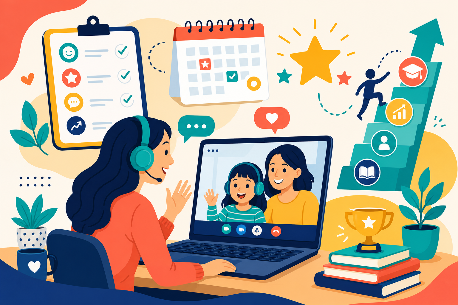 Online English teacher leading a cheerful video lesson with progress and planning icons