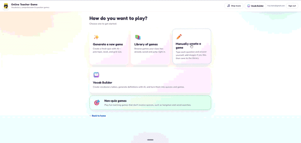 Online Teacher Games running a live quiz on screen share